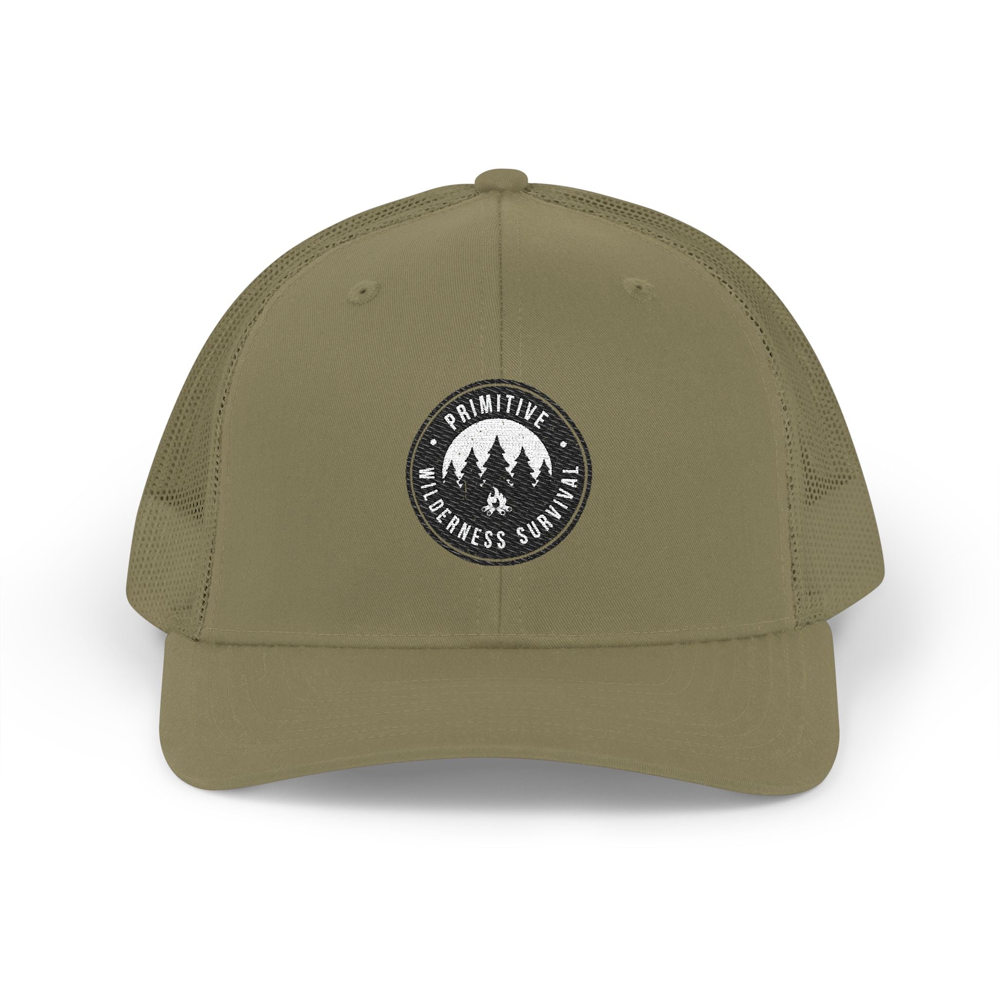 Adventure Patch Trucker Hat — "Routine Wilderness Escape" Embroidered Snapback