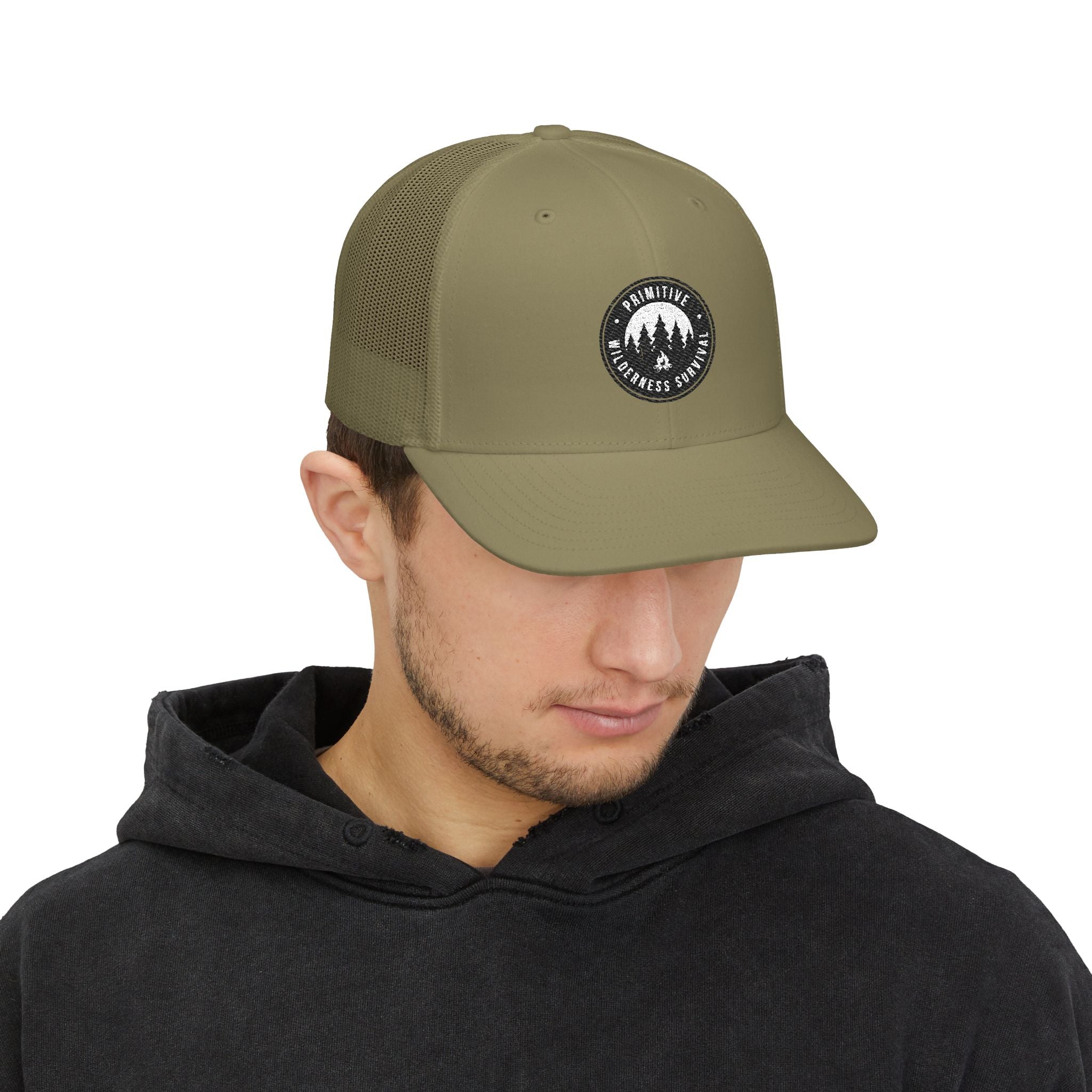 Adventure Patch Trucker Hat — "Routine Wilderness Escape" Embroidered Snapback